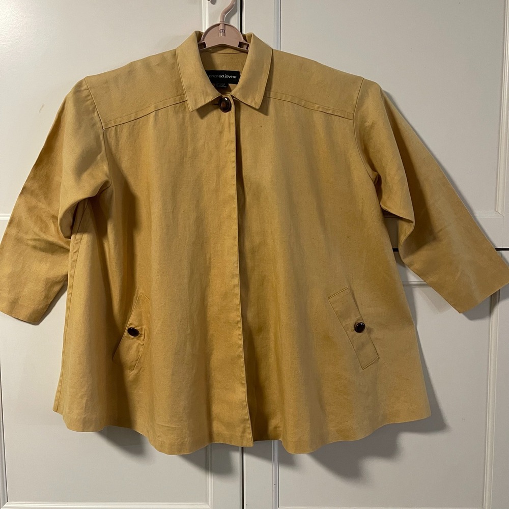 Andrea Jovine Mustard Yellow 100% Linen Swing Jacket Women Size 4 Flared Pleated